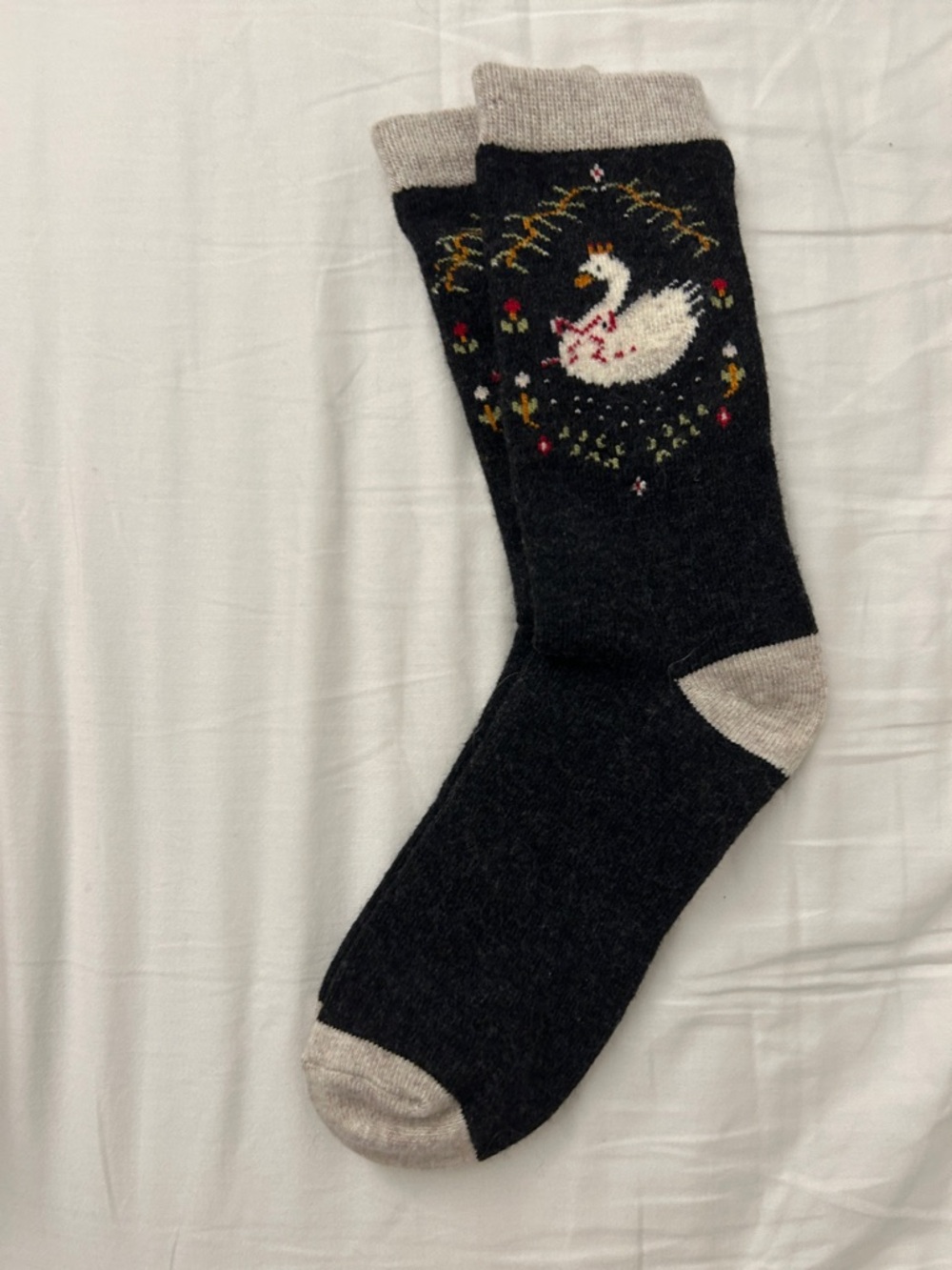 Men's Black Crew Socks with Swan Motif